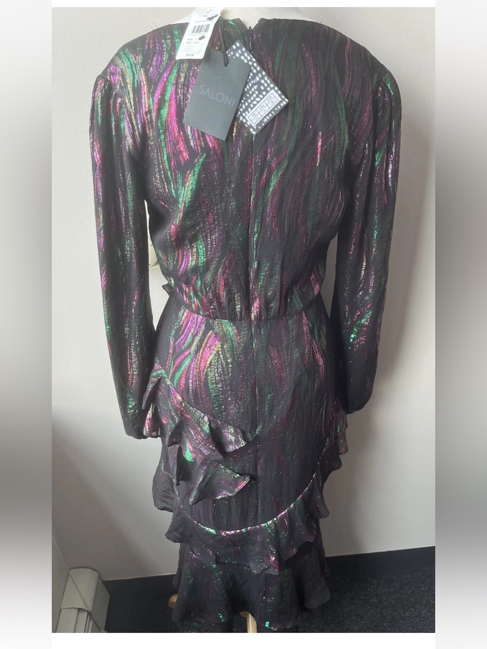 Saloni Alya Black Rainbow Jacquard Metallic Ruffle Midi Dress US 8 UK 12 Medium - Picture 3 of 10